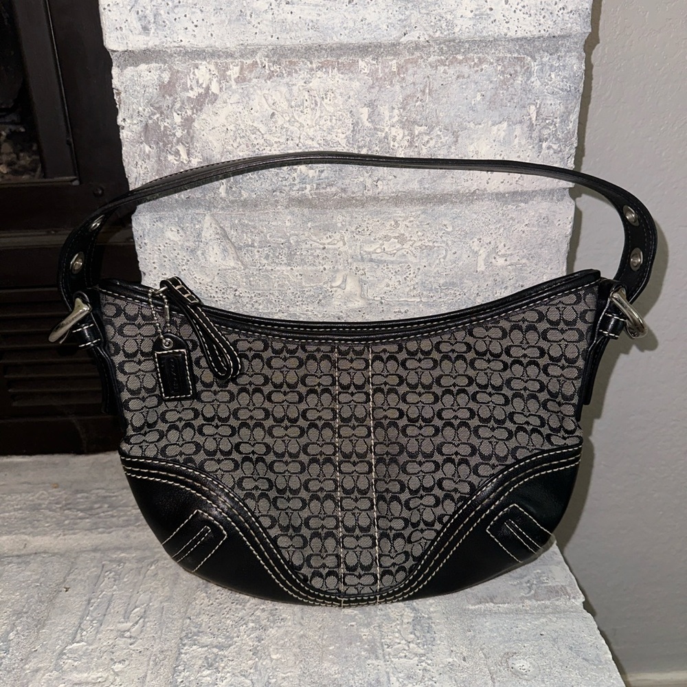 Vintage Coach Black Soho Signature Logo Canvas Leather Handbag